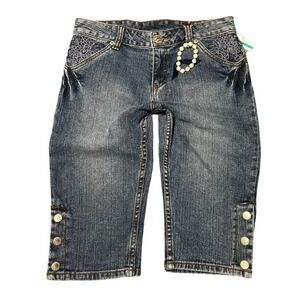 Deadstock Stevies Capri Jeans 16 Blue Floral Embroidery Button Cuffs Y2K 2000s